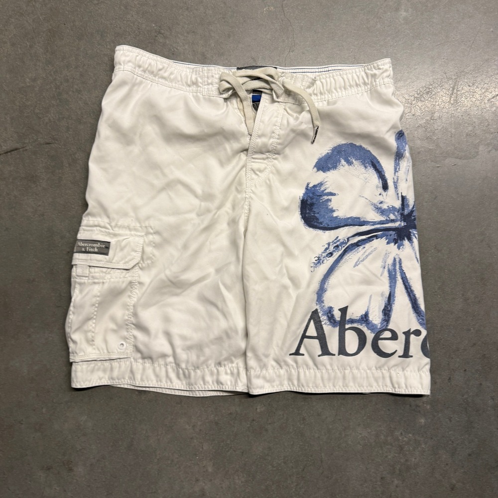 Abercrombie & Fitch Mens XL White Blue Hibiscus Floral Cargo Board Shorts Swim